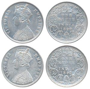 Victoria Empress, Silver Rupee, 1890, Calcutta Mint, C3 / I / C incuse, (Prid 131); 1893, 