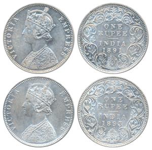 Victoria Empress, Silver Rupee, 1891, Bombay Mint, C2 / I / B incuse (Prid 179); 1893, Bom