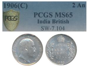 Edward VII, Silver 2 Annas, 1906, Calcutta Mint, (Prid 559). Graded by PCGS MS65.