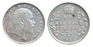 Edward VII, Silver 2 Annas, 1910, Bombay Mint, dot on the vine, Unlisted in Pridmore. Abou