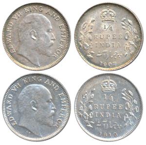 Edward VII, Silver ¼ Rupee, 1907 & 1910, Calcutta Mint, (Prid 436 & 439). Uncirculated. (2