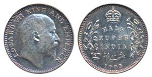 Edward VII, Silver ½ Rupee, 1905, Calcutta Mint, No mint mark, (Prid 309). About Uncircula