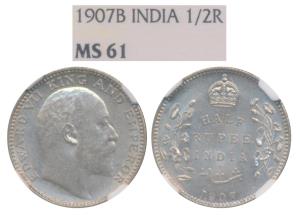 Edward VII, Silver ½ Rupee, 1907, Bombay Mint, B incuse and dot (Prid 316). Graded by NGC 