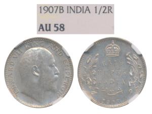 Edward VII, Silver ½ Rupee, 1907, Bombay Mint, B incuse and dot (Prid 316). Graded by NGC 