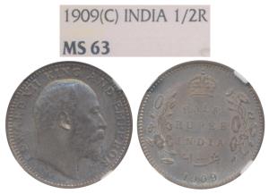 Edward VII, Silver ½ Rupee, 1909, Calcutta Mint, No mint mark (Prid 313). Graded by NGC MS