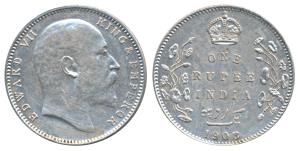 Edward VII, Silver Rupee, 1908, Bombay Mint, dot on the vine, 8 over 7 in date, old used d