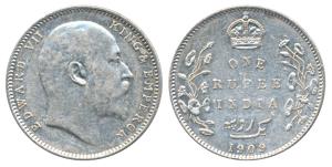 Edward VII, Silver Rupee, 1909, Bombay Mint, dot on the vine, 9 over 8 in date, old used d