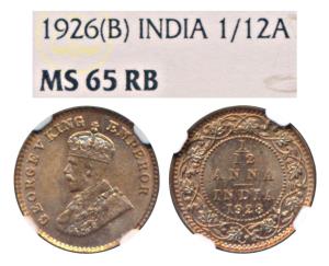 George V, Copper 1/12 Anna, 1926, Bombay Mint (Prid 854). Graded by NGC MS65RB.