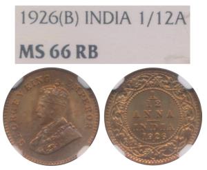 George V, Copper 1/12 Anna, 1926, Bombay Mint (Prid 854). Graded by NGC MS66RD.