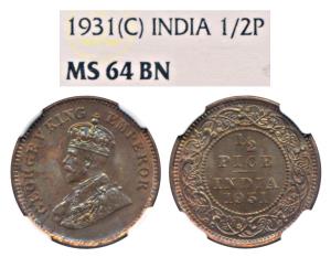 George V, Copper ½ Pice, 1931, Calcutta Mint (Prid 764). Graded by NGC MS64BN.