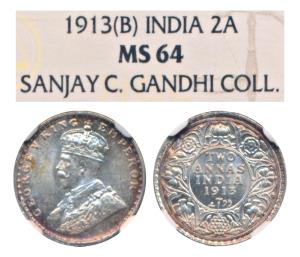 George V, Silver 2 Annas, 1913, Bombay Mint (Prid 572). Graded by NGC MS64.