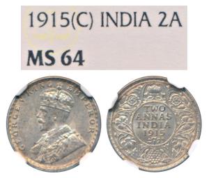 George V, Silver 2 Annas, 1915, Calcutta Mint, (Prid 568). Graded by NGC MS64.