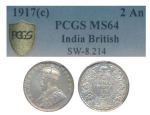 George V, Silver 2 Annas, 1917, Calcutta Mint (Prid 570). Graded by PCGS MS64.