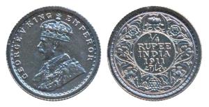 George V, Silver ¼ Rupee, 1911, Calcutta Mint (Prid 440). Nice toning, Uncirculated, Very 