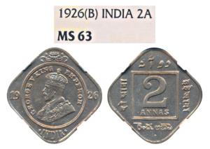 George V, Cupro-Nickel 2 Annas, 1926, Bombay Mint (Prid 899). Graded by NGC MS63.