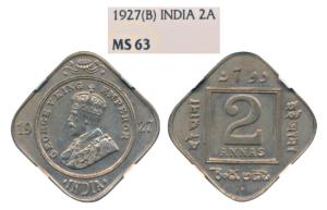 George V, Cupro Nickel 2 Annas, 1927, Bombay Mint (Prid 900). Graded by NGC MS63.