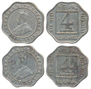 George V, Cupro- Nickel 4 Annas (2), 1919, Calcutta Mint, (Prid 874); 1919, Bombay Mint (P