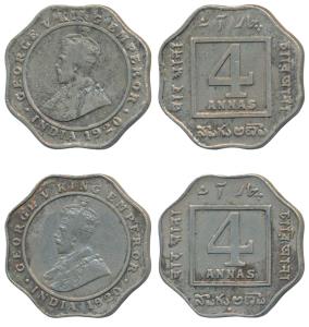 George V, Cupro- Nickel 4 Annas (2), 1920, Calcutta Mint (Prid 875); 1920, Bombay Mint (Pr