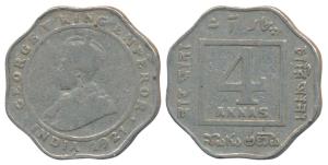 George V, Cupro- Nickel 4 Annas, 1921, Calcutta Mint, Unlisted in Pridmore. About Fine, Ra