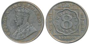 George V, Cupro-Nickel 8 Annas, 1919, Bombay Mint, (Prid.872). Very Fine+, Scarce.
