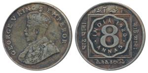 George V, Cupro-Nickel 8 Annas, 1920, Bombay Mint, (Prid 873). Very Fine+, Very Rare.