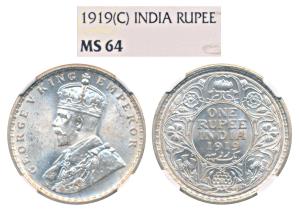 George V, Silver Rupee, 1919, Calcutta Mint, (Prid 215). Graded by NGC MS64.