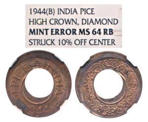 George VI, Copper Pice, 1944, Bombay Mint, High Crown, Diamond, Error, hold punched 10% of