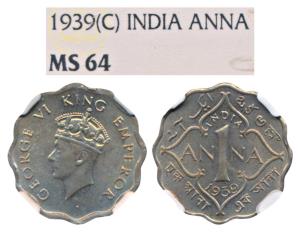 George VI, Cupro-Nickel Anna, 1939, Calcutta Mint, 1st head (Prid 960). Graded by NGC MS64
