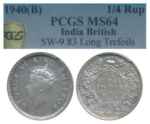 George VI, Half Silver ¼ Rupee, 1940, Bombay Mint, A / I / dot, (Prid 463). Graded by PCGS