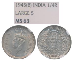 George VI, Half Silver ¼ Rupee, 1945, Bombay Mint, Rev. III / dot, Large and Open 5 (Prid 