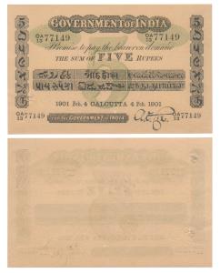 Government of India, Uniface, Rupees 5, green under print, Calcutta circle, signed A. F. C