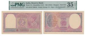 George VI, Rupees 2, 1949, signed C. D. Deshmukh, red serial number, (J&R 4.2.3). Graded b