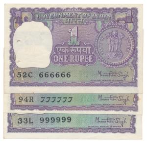 Rupee 1, Manmohan Singh, fancy numbers 666666, 777777 and 999999 (J&R 6.1.8.1C and 6.1.8.8
