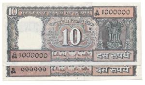 Rupees 10, signed R. N. Malhotra, fancy numbers 999999 and 1000000. Uncirculated. (2)