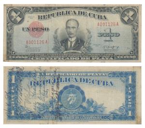 Cuba, 1 Peso, Silver Certificate 1943 (Pick 69). Grafitti on the rev., About Very Fine.