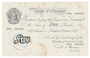 Bank of England, Pounds 5, Uniface, dated 8th October, 1949. Minor stains, About Extremely