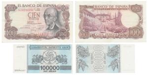 Georgia, 100,000 Kuponi, 1994 (Pick 48A); Spain, Cien (100) Pesetas, 1970 (Pick 152). Unci