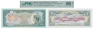 Bhutan, 100 Ngultrum, 1986, (Pick 18a). Graded by PMG 66, Gem Uncirculated, EPQ.
