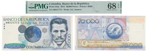Colombia, 20,000 Pesos, 2013, (Pick 454y). Graded by PMG 68, Superb Gem Uncirculated, EPQ.