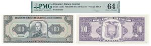 Ecuador, 100 Sucres, 1988-97, (Pick 123r). Graded by PMG 64, Choice Uncirculated, EPQ. Rem