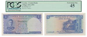 Ceylon, Central Bank, 1 Rupee, 1951. Graded by PCGS 45, Extremely Fine. King George VI.