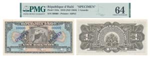 Republique d’Haiti, ‘Specimen’, 1 Gourde, 1919, serial number 00000, (Pick 185s). Graded b