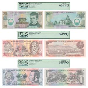 Honduras, 5 Lempiras, 2010; 10 Lempiras, 2006, 20 Lempias, 2008. Graded by PCGS 66PPQ (3)