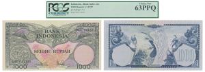 Indonesia, 1000 Rupiah, 1959. Graded by PCGS 63 PPQ, Choice New.