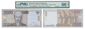 Indonesia, 2000 Rupiah, 2009, Solid number 9, (Pick 148g). Graded by PMG 66, Gem Uncircula
