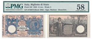 Italy, Biglietto di Stato, 5 Lire, 1923, signed Maltese Rossolini, (Pick 23f). Graded by P