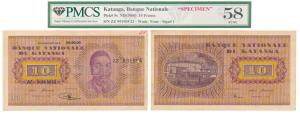 Katanga, 10 Francs, 1960, SPECIMEN (Pick 5s). Graded by PMCS 58, About Uncirculaed, Minor 