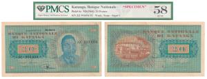 Katanga, 20 Francs, 1960, SPECIMEN (Pick 6s). Graded by PMCS 58, About Uncrculated, Minor 