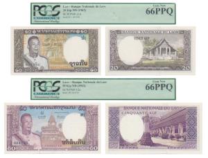 Laos, Banque Nationale Du Laos, 20 and 50 Kip, 1963. Graded by PCGS 66PPQ. (2)