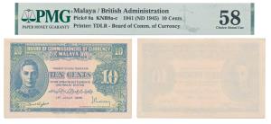 Malaya, British Administration, 10 Cents, 1941, (Pick 8a). Graded by PMG 58, Choice About 